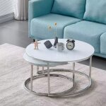 Lot de 2 tables basses gigogne arto inox et plateau en verre blanc Lot de 2 tables basses gigogne arto inox et plateau en verre blanc