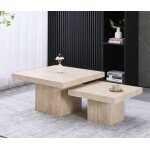 Lot de 2 tables basses gigognes carres - effet travertin beige - bois mdf - lili