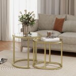 Lot de 2 tables basses gigognes encastrables structure en acier et plateau verre trempé transparent or ... Lot de 2 tables basses gigognes encastrables structure en acier et plateau verre trempé transparent or ...