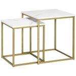 Lot de 2 tables basses gigognes - homcom - plateau blanc aspect marbre - pied en acier dor