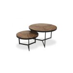 Lot de 2 tables basses gigognes rondes lave ? bois exotique massif et mtal noir ? style industriel