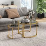 Lot de 2 tables basses gigognes rondes plateau verre tremp� et pied en acier au carbone dor�