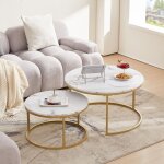 Lot de 2 table basse marbre - table basse gigogne ronde - table salon - 80x45cm / 60x35cm - cadre en ...