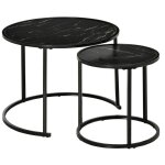 Lot de 2 tables basses rondes gigogne empilables plateau en bois aspect marbre et pieds en m�tal noir ...