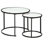 Lot de 2 tables basses rondes gigogne empilables plateau en bois aspect marbre et pieds en m�tal noir ...