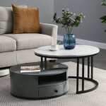 Lot de 2 tables basses rondes - avec marbré brillant - noir et gris Lot de 2 tables basses rondes - avec marbré brillant - noir et gris