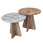 Lot 2 de tables basses rondes plateaux acacia et marbre pieds centraux en acacia - oasis