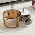 Lot de 2 table basse ronde plateau en bois gris + plateau en verre marron avec deux tiroirs table dappoint ...