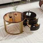 Lot de 2 table basse ronde plateau en bois noir + plateau en verre marron avec deux tiroirs table dappoint ...