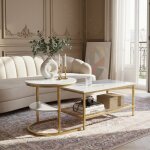 Lot de 2 tables basses salon - plateau effet marbre blanc et pieds dor�s - table de salon moderne - rond ...