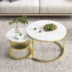 Lot de 2 tables basses table  th ronde en marbre table basse double couche or