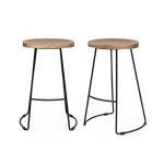 Lot de 2 tabourets de bars bois de manguier naturel et acier. avec repose pieds. 65cm Lot de 2 tabourets de bars bois de manguier naturel et acier. avec repose pieds. 65cm