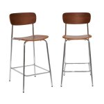 Lot de 2 tabourets de bar vintage contreplaqu� avec placage bois effet noyer et pieds m�tal chrom� l ...