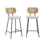 Lot de 2 tabourets tina tissu bouclette crme et cannage rotin - beige