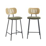 Lot de 2 tabourets tina tissu bouclette vert et cannage rotin