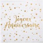 Lot de 20 serviettes joyeux anniversaire dor