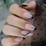 Lot de 24 faux ongles courts carrs coffin avec pointe franaise noire et blanche - motifs brillants ...