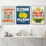 Lot de 3 affiches de cuisine - homard fran�ais huile dolive italienne et citrons impression sur toile50x70cmx3 ...