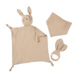 Lot de 3 coffret naissance bb de fille et garon - 100% coton doux doudou bavoir et anneau cadeau kit ...
