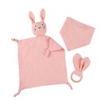 Lot de 3 coffret naissance b�b� de fille et gar�on - 100% coton doux doudou bavoir et anneau cadeau kit ...
