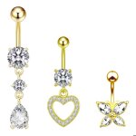 Lot de 3 piercings de nombril en acier chirurgical dor 10 mm motif fleur papillon c?ur pour femme