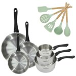 Lot de 3 po�les 20 / 24 / 28 cm en inox et 3 casseroles 12 / 16 / 20 cm fackelmann geneva avec 5 ustensiles ...