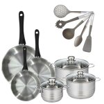 Lot 3 po�les inox 20 / 24 / 28cm fackelmann geneva & 3 faitouts 16 / 20 / 24cm avec 5 ustensiles fackelmann ...