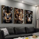 Lot de 3 toiles affiche vintage abstrait noir et or panth�re tigre loup animal f�roce impression murale ...