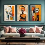 Lot de 3 toiles sur toile affiche abstrait ethnique africain afro boh�me noir femme chaud mur art peinture ...