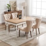 Lot de 4 chaise de salle à manger - pieds en bois chêne - assise en velours - décor rivet - beige Lot de 4 chaise de salle à manger - pieds en bois chêne - assise en velours - décor rivet - beige