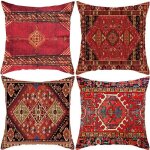 Lot de 4 housses de coussin 45x45 cm motif abstrait ethnique rouge vintage en coton et lin dcoratif pour ...