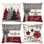 Lot de 4 housses coussin noel rouge et grise housse de coussin no�l 45x45 cm lin housse coussin noel ...