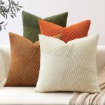 Lot de 4 housses velours c�tel� vert olive 50x50cm style rustique int�rieur