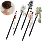 Lot de 5 baguettes à cheveux en bois vintage - baguettes chinoises - Épingles à cheveux avec fleurs - ... Lot de 5 baguettes à cheveux en bois vintage - baguettes chinoises - Épingles à cheveux avec fleurs - ...