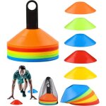Lot de 50 c�nes de football 5 couleurs avec sac en filet et support pour marquage et entra�nements dagilit� ...