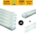 Lot de 6 r�glettes � tube led traversant ip65 120cm + 2 tubes led 2x18w 37800lm 6500k - garantie 2 ans ...