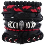 Lot de 6 bracelets homme en cuir noir avec d�tails rouges et argent�s diam�tre r�glable 68 cm