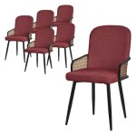 Lot 6 chaises de salle � manger ml - design tissu rouge avec accoudoirs en rotin pieds m�tal noir