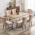 Lot de 6 chaise de salle à manger - pieds en bois chêne - assise en velours - décor rivet - beige Lot de 6 chaise de salle à manger - pieds en bois chêne - assise en velours - décor rivet - beige