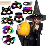 Lot de 8 masques  gratter pour halloween motif arc - en - ciel squelette sorcire citrouille fournitures ...