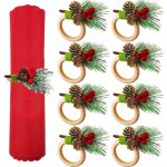 Lot de 8 ronds de serviette de no�l en bois avec pomme de pin et flocon de neige odipie