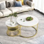 Lot de 2 - table basse - motif imitation marbre - m�tal - mdf - table dappoint de salon / balcon - ronde ...