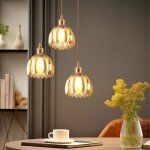 Lustre - 3 lampes suspension verre ambre vintage laiton dor� - 3x e27 - abats 105x13 cm - style nordique ...