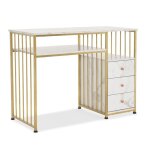 M mcombo 2407wg bureau avec tiroirs table  clous chssis mtallique blanc - or moderne