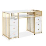 M mcombo 2425wg coiffeuse 6 tiroirs bois structure mtallique table manucure marbre blanc - dor