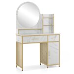 M mcombo 2501 coiffeuse avec miroir 2 tiroirs 3 tagres ouvertes structure en mtal marbr blanc dor ...