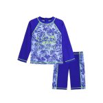 Maillot de bain gar�on 2 pi�ces anti - uv upf 50 + motif hawa�en bleu - t - shirt manches courtes et ...