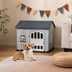 Maison pour animaux en pp costway porte verrouillable 3 fentres toit inclin abri pour chien pour intrieur ...