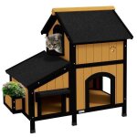 Maison pour chats en bois d?�pic�a avec plusieurs entr�es sur 2 �tages et une niche ext�rieure pour chats. ...