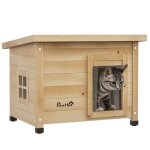 Maison pour chats - pawhut - niche dext�rieur bois sur�lev�e toit asphalte porte rideau - bois - 57x45x43cm ...